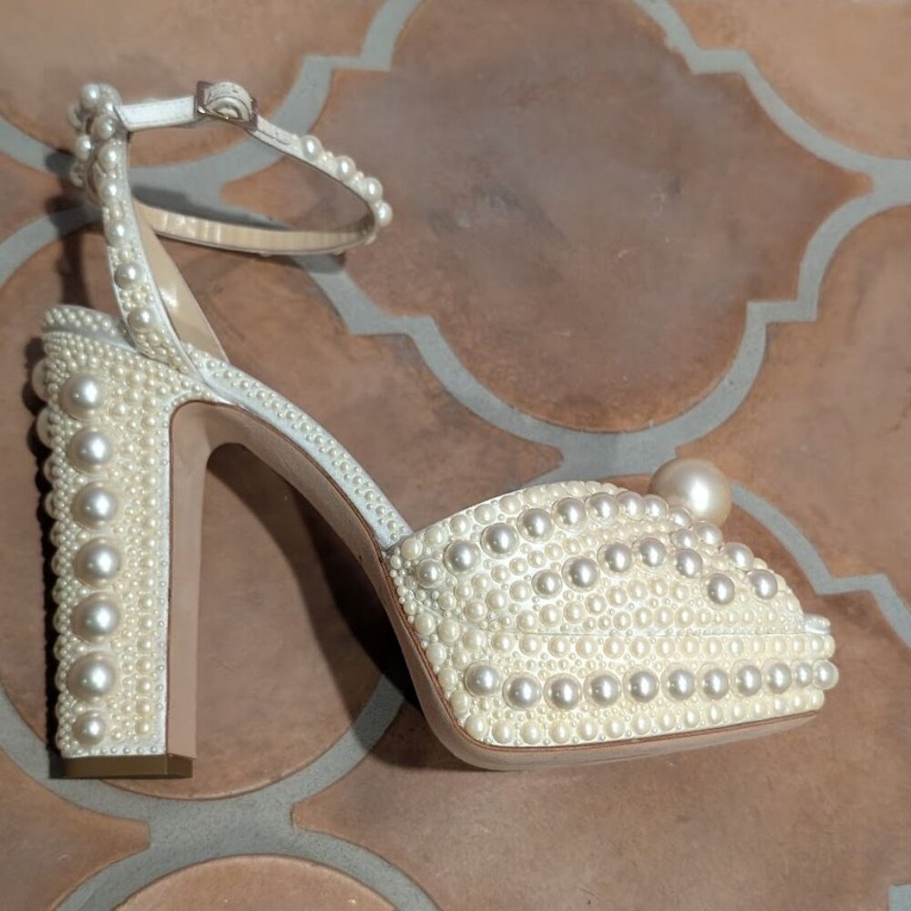 Jimmy Choo Sacaria 120 Platform 40 9 White Satin Pearls NEW Peep Toe Sandals